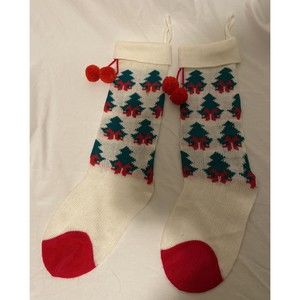 2 Vintage Knit Christmas Stockings With Xmas Trees 20" Long Red White & Green